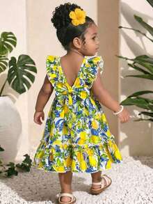 SHEIN Babygirl Cute Floral Print Ruffle Hem Casual Vacation Dress - Multicolor - View 3