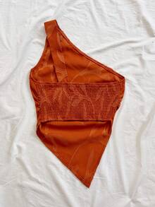 Soleia 女款不對稱單肩焦橙色紋理波西米亞花卉夏季上衣，度假海灘郵輪派對約會上衣 - 橘色 - 查看 2