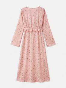 lacRébo Black Floral Print V-Neck Tie-Front Midi Dress With Ruffled Details And Long Sleeves - Red - View 10