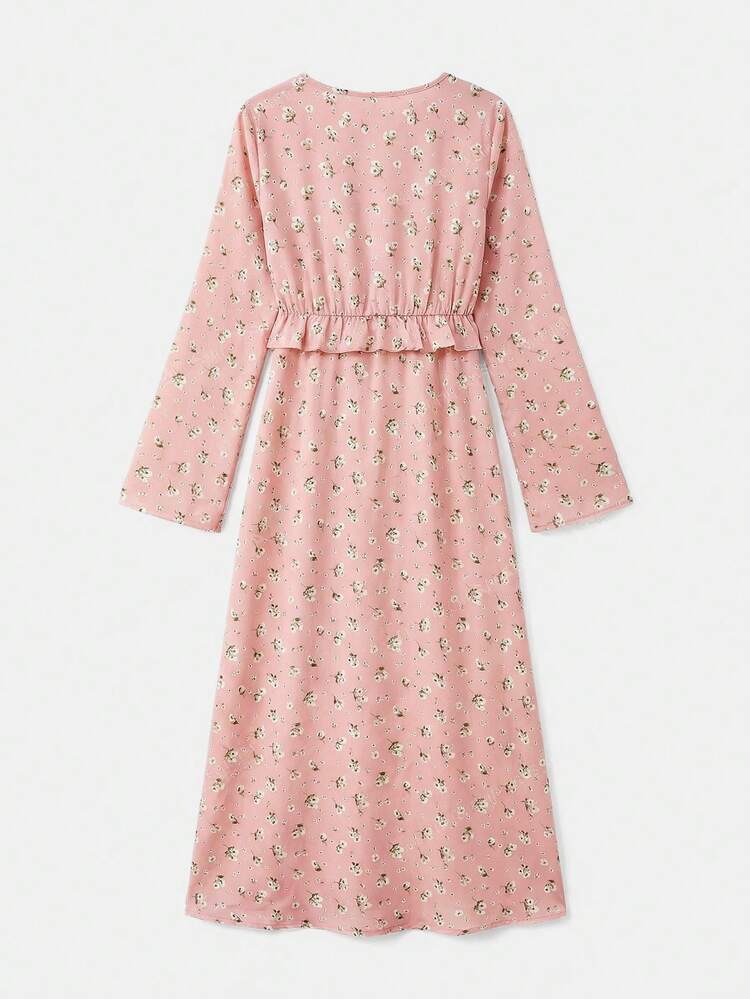 Pink Floral Print V-Neck Tie-Front Midi Dress With Ruffled Details And Long Sleeves Wedding Guest Outfits For Women Women's Dress Formal Wear Women's Spring Dress