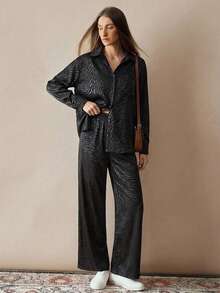 EURMUSE Foil Leopard Printed Blouse And Drawstring Slant Pockets Long Pants Elegant Cozy 2pcs Set - Black - View 1
