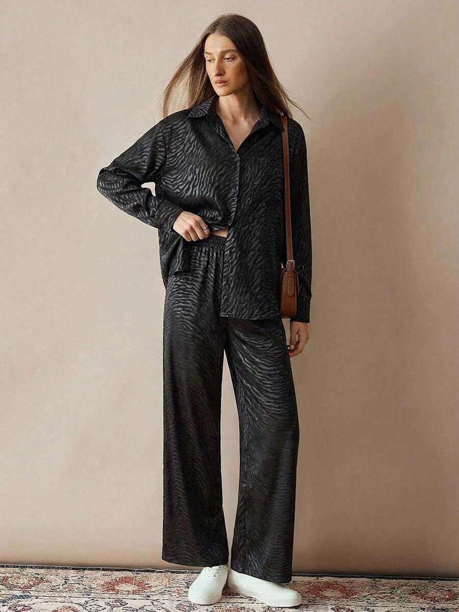 EURMUSE Foil Leopard Printed Blouse And Drawstring Slant Pockets Long Pants Elegant Cozy 2pcs Set - Black - View 1