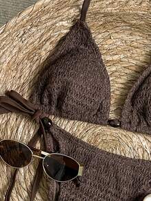 Swim Vcay 女士两件式纹理面料串珠吊带系带裤休闲派对沙滩比基尼套装 - 咖啡棕 - 查看 3