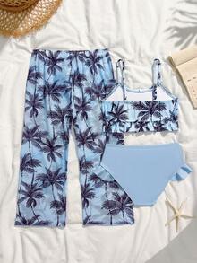 Young Girls 3-Piece Bikini Set, Blue Coconut Tree Print Knit Fabric, Spaghetti Strap, Ruffled Hem Bottoms, Mesh Flared Pants, Fashionable Casual Elegant Swimwear Suitable For Swimming, Summer Vacation, Beach, Pool Party - Blue - View 2
