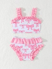 Young Girls Bikini Sets: A Set Of Cute Multi-Color Pink Bow-Patterned Knitted Fabric Tops With Lace Shoulder Straps And Bottom Hem Lace For The Pants. It Consists Of Two Pieces, A Separate Top And A Triangle-Shaped Bottom. It Is Fashionable, Casual, Exquisite And Elegant, Suitable For Swimming, Summer Vacations, Beach, Seaside, Swimming Pools, Swimming Pools, Summer Holidays, Party And Leisure Vacations. - Pink - View 5