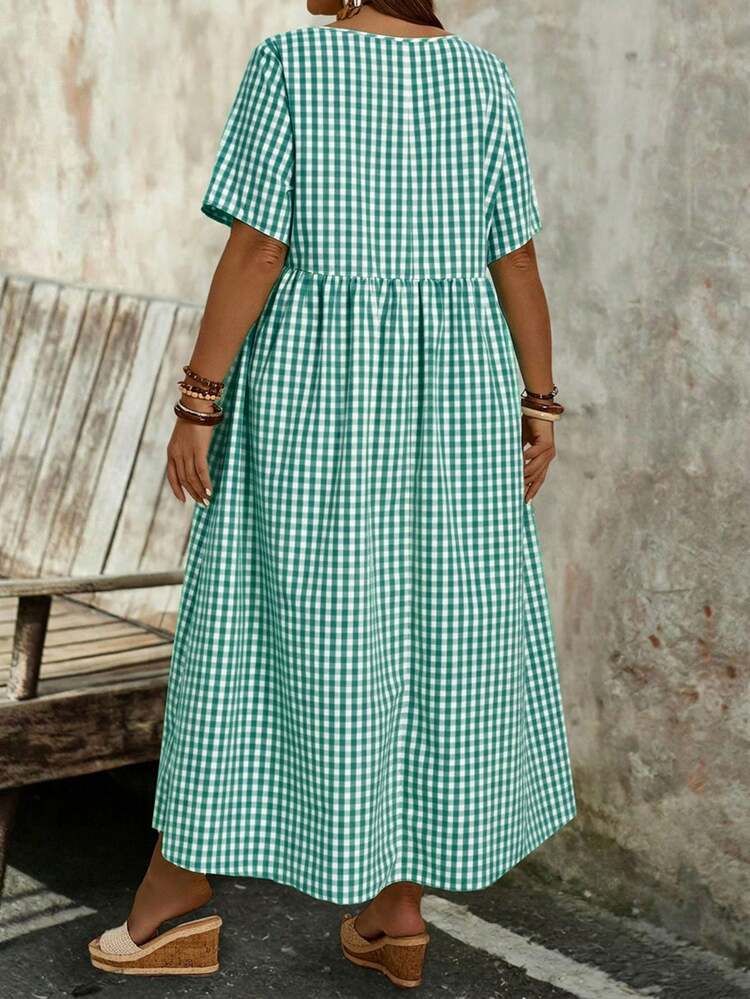 Plus Size Women's Summer Yellow Plaid Round Neck Short Sleeve Loose Long Cute Doll Dress With Pockets Women Casual Dresses Picnic Dresses For Women Summer Dress  Summer Outfits Summer Clothes Spring Dress Spring Outfit Women Spring Clothing  Beach Vacation Outfits For Women Vacation Dress Bohemian