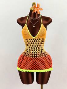 Swim Vcay Spring/Summer Crochet Hollow-Out Design Spaghetti Strap Backless Beach Vacation Women Coverup Dress - Multicolor - View 1