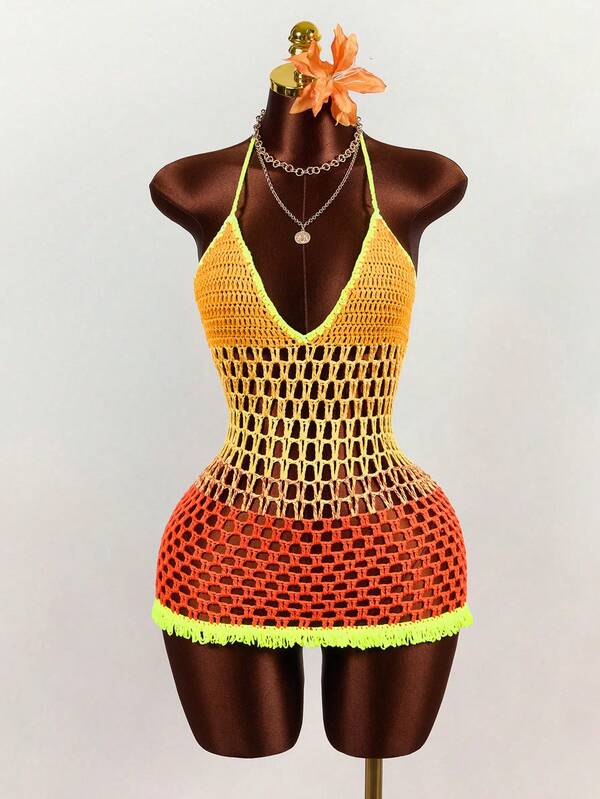 Swim Vcay فستان غطاء شاطئي للنساء بتصميم كروشيه مفرغ بحمالات رفيعة وظهر مكشوف، مناسب للربيع والصيف