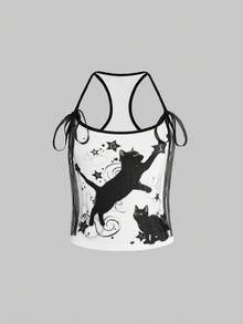 ROMWE Kawaii Top ajustado de mujer con estampado de gato negro y lazo de encaje - Blanco - Ver 11