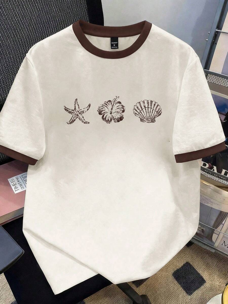 Manfinity Joysei Áo thun nam cỡ tiêu chuẩn in hình vỏ sò và sao biển, cổ tay áo phối màu nâu. - Màu be - Xem 1