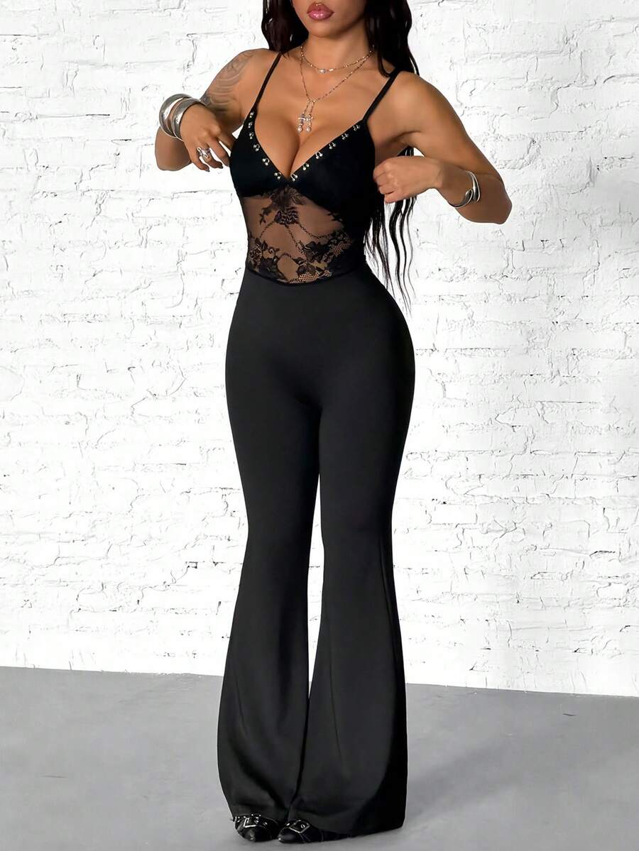 SHEIN HypeZone Women's Sexy Street Lace Sheer Fitted Flare Jumpsuit - Black - View 1