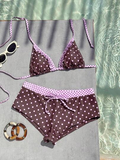 Swim Mod 2026 Spring/Summer New Polka Dot Print Sexy Backless Halter Tie Shorts 2 Pieces Swimsuit Set