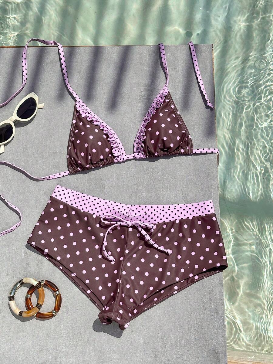 Swim Mod 2026 Spring/Summer New Polka Dot Print Sexy Backless Halter Tie Shorts 2 Pieces Swimsuit Set - Multicolor - View 1