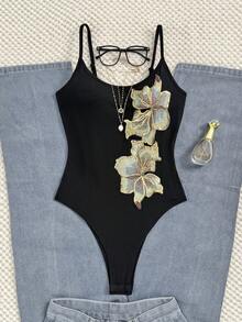 SHEIN EZwear 女士贴花串珠刺绣无袖连体衣，夏季 - 黑色 - 查看 7