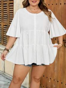SHEIN CURVE+ Curve 尺码 US22 音乐节、海滨度假、波西米亚风女士白色休闲度假纯棉喇叭袖荷叶边下摆罩衫衬衫 白色上衣 女士加大码服装 - 白色 - 查看 5