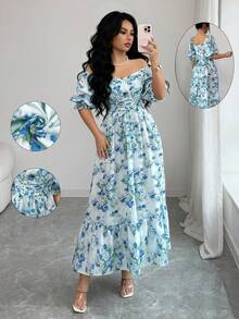 Elenzga Women's Elegant Fashion Commuter Casual Comfortable Charming Retro Minimalist High-End High-End Gentle Lady Palace Square Collar Puff Ruffle Sleeve Front Criss-Cross Tie Waist Slimming A-Line Dress (Random Print) - Blue - View 8