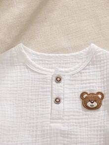 Souflis Souflis 2pcs/Set Cute Bear Pattern Short Sleeve Top And Pants Set, Casual French Style Baby Boy Outfit Baby Boy Short Set - White - View 8