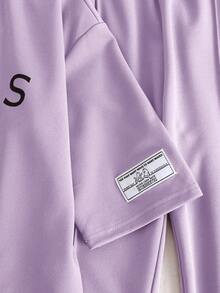 SHEIN Serisse Kids 少女紫色春夏针织圆领宽松拼接撞色英文印花布标七分袖宽松阔腿裤休闲简约学院风T恤套装，2件套 - 紫色 - 查看 6