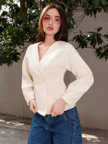 Bris Aura Autumn Solid Color Double Button Placket Coat ,Suitable For Daily Street Wear,Surplice Neck,Coat,Cream Women,Casual Slim Jacket For Autumn/Winter,Falls Women,Fall Women Clothes , Women Going Outs French Style Clothes, Casual - Apricot - View 5