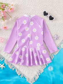 SHEIN 女童钩针编织镂空花卉连体泳衣 - 淡紫色 - 查看 2