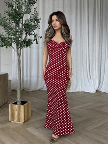 Jemour Spring/Summer Black & White Polka Dot Sexy Backless Spaghetti Strap Dress For Women - Red - View 1
