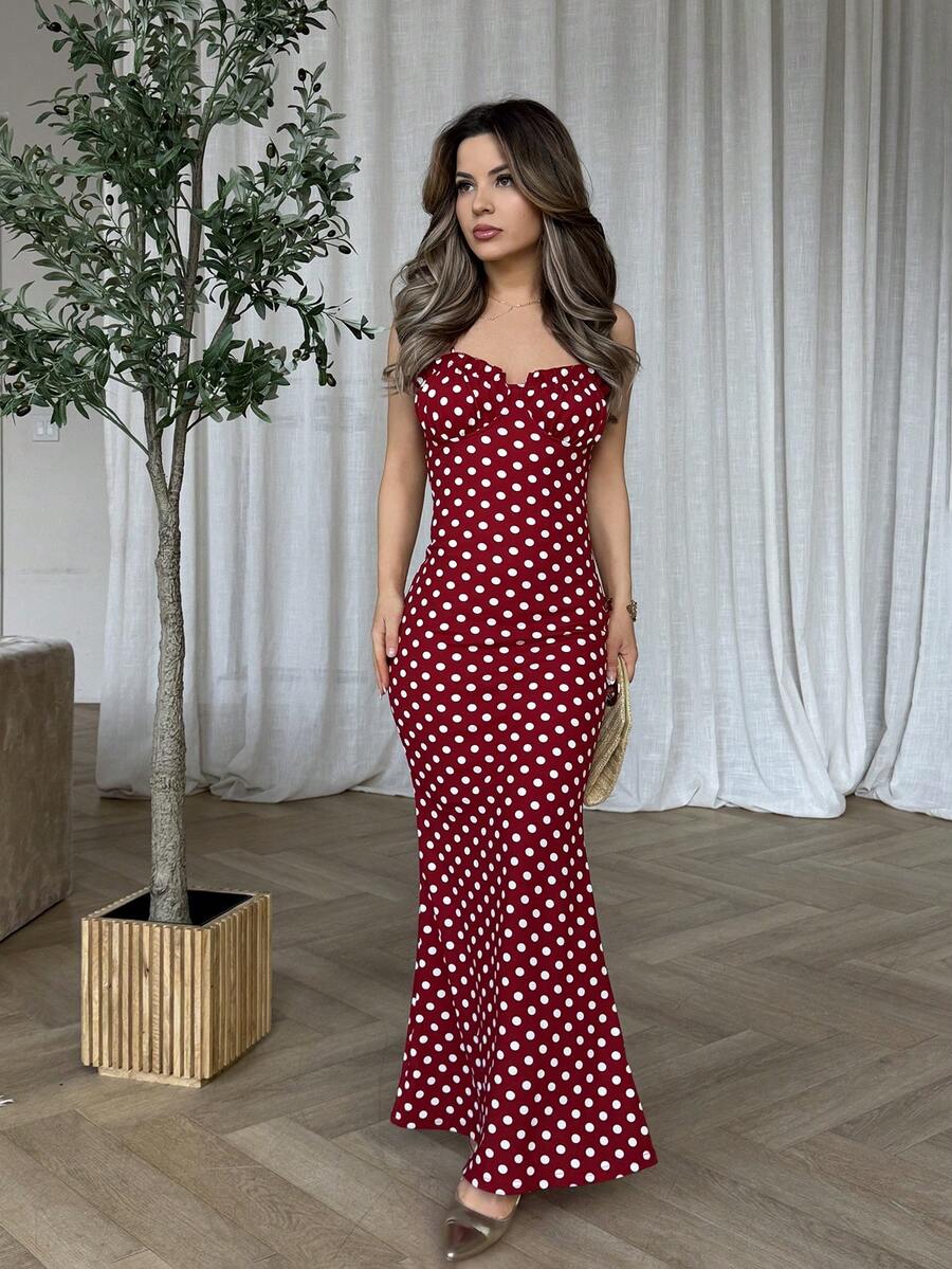 Jemour Spring/Summer Black & White Polka Dot Sexy Backless Spaghetti Strap Dress For Women - Red - View 1