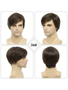 1pc6inch European & American Style Men's Fashion Short Brown Side-Parted Straight Synthetic Hair Wig - Multicolor - View 8