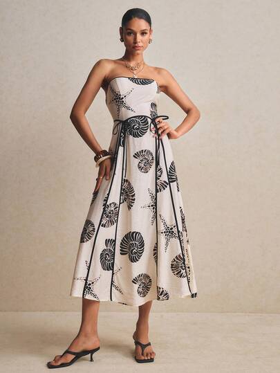 Poéselle 女士海星印花时尚无肩带中长连衣裙，度假款