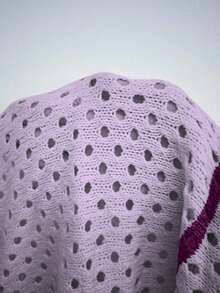 Linhara 大码女式撞色针织开襟镂空条纹短袖休闲轻薄开衫，春夏款 - 淡紫色 - 查看 6