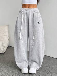 SHEIN PETITE 女士秋冬街头风返校学院风休闲保暖舒适法式灰弹力腰带弧形裤脚阔腿运动裤舒适裤灰色运动裤 - 灰色 - 查看 9