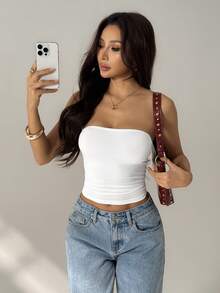 SHEIN PETITE Áo croptop quây xếp ly màu trơn dành cho nữ - màu đen - Xem 8