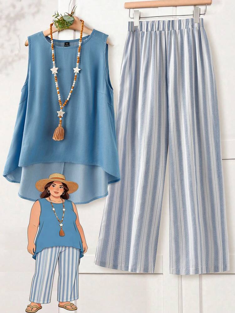 Plus Size Women Summer Casual Loose Solid Color Round Neck Sleeveless Top And Striped Pants 2-Piece Set, Summer Outfit For Women,Spring Outfit,Holiday Outfits For Women,Casual Sets For Women,Going Out Outfits Denim Maxi Skirt Anthropologie Inspired Clothes Blue Brunch Outfits For Women Matching Set Skirt And Top Summer Skirt And Top Set Women Outfits Sets Women Summer Outfits Women Vacation Outfit Sets Women Spring Outfit