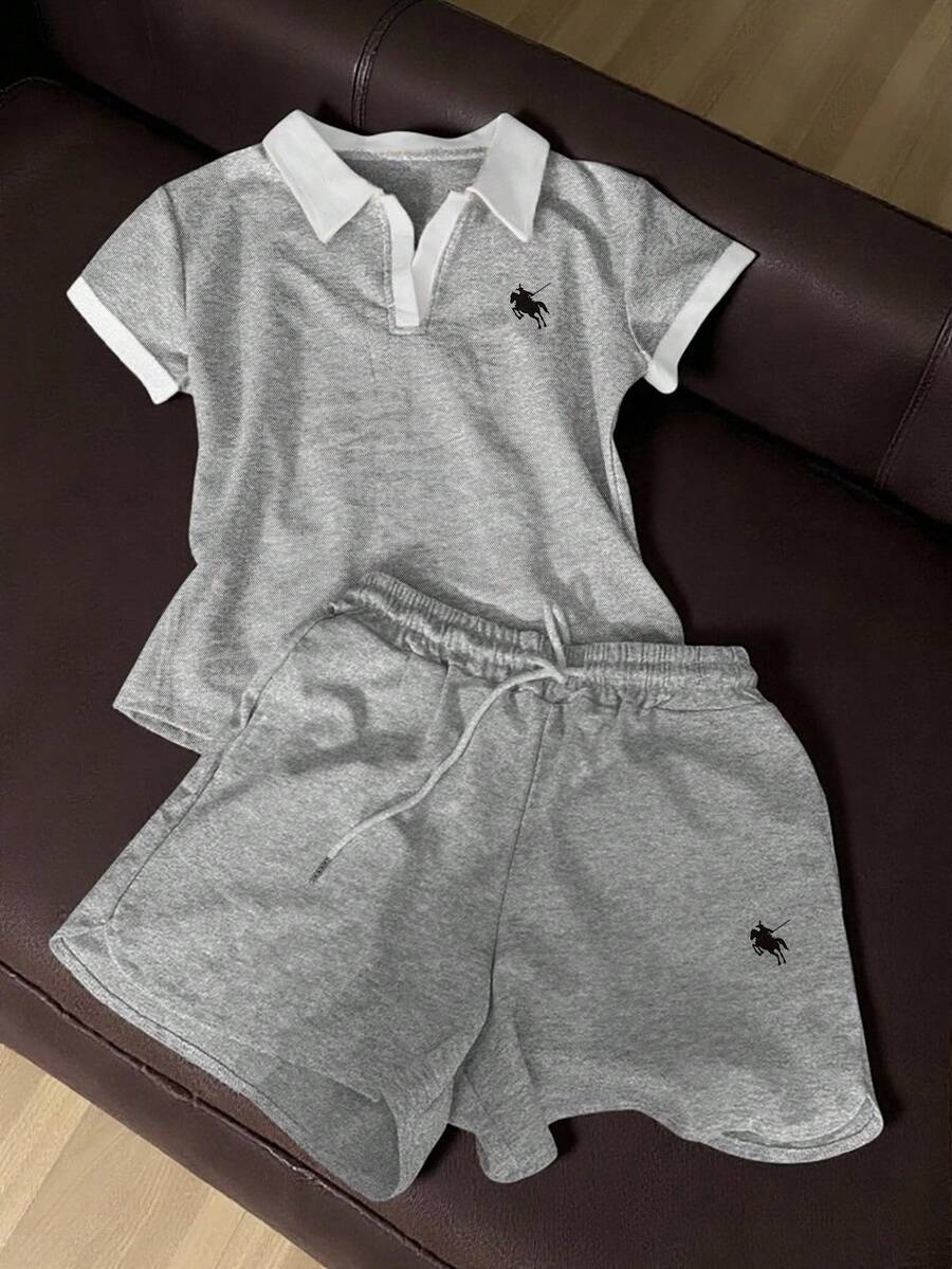 INAWLY 2 件女式撞色边刺绣短袖上衣和抽绳腰短裤套装 - 灰色 - 查看 1