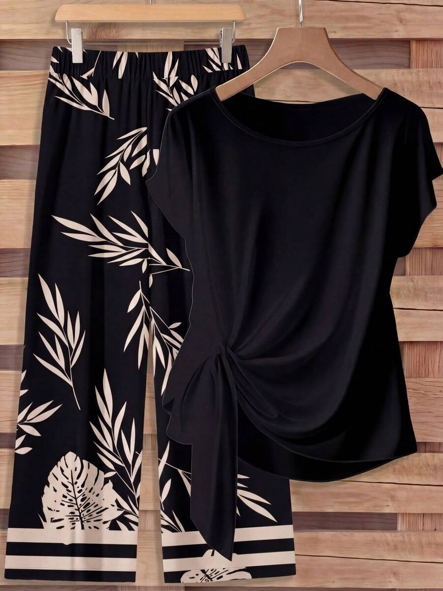 Rusticease 女士树叶印花系带衬衫和宽松直筒裤两件套，可爱黑色上衣，黑色夏季上衣，休闲款 - 彩色 - 查看 1