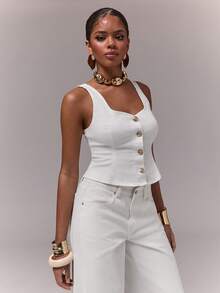 Normani Áo denim nữ không tay cài một hàng khuy bằng kim loại, kiểu dáng thường ngày. - trắng - Xem 3
