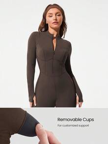 GLOWMODE 24 英寸 FeatherFit™-Air Glow Giver 柔软透气吸汗前拉链罗纹侧板轮廓接缝拇指孔深 V 形后背接缝可拆卸罩杯长袖连体衣低冲击日常运动服 - 肉桂靈感 - 查看 7