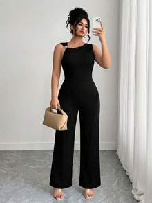 Elenzga Plus Size Solid Color Metal Decor Asymmetric Neckline Sleeveless Jumpsuit - Black - View 6