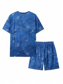 Manfinity Homme Men's Palm Tree Print Short Sleeve T-Shirt And Shorts Casual Suit - Blue - View 2