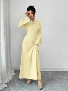Rafferiza Bata de mujer de manga larga con cuello en V y volantes en el bajo, bata turca, bata árabe - Amarillo claro - Ver 5