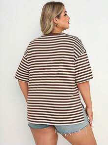 Plussiva Plus Size Pregnant Women Striped Round Neck Short Sleeve Casual Top - Brown - View 2