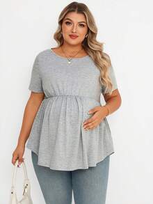 Plussiva Women's Plus Size Maternity Top,Plain Grey Summer Smart Casual Everyday Cotton Short Sleeve Babydoll Tops,Cross Straps Back Nursing Clothes Blouse - Grey - View 9