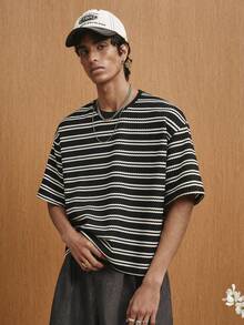 TOKVUE Camiseta casual de manga corta de cuello redondo con estampado de rayas para hombre, verano - Blanco y Negro - Ver 6