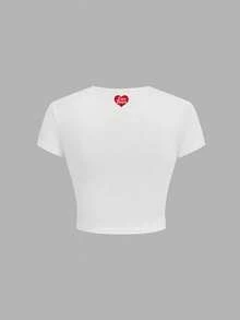 SHEIN X Care Bears Women's Round Neck Short Sleeve Casual Fitted T-Shirt, - White - View 2