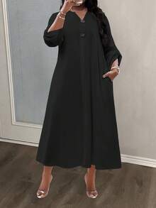 Veslaya 大码女式夏季百搭休闲纯色卷袖口袋中长连衣裙 - 黑色 - 查看 4