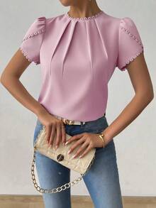Rafferiza Blus Wanita Elegan Kasual Warna Polos dengan Hiasan Renda, Kerah Berkerut, dan Lengan Bentuk Kelopak Bunga - Berwarna merah muda - View 5