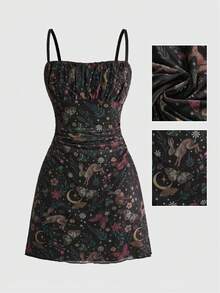 ROMWE Fairycore Spring/Summer Women's Retro Mori Style Rabbit, Moth, Leaf Print Short Dress - Brown - View 5