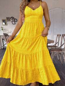 EMERY ROSE Plus Size Yellow Sleeveless Cami Dress Boho Tiered Ruffle Hem Long Sundress - Yellow - View 3