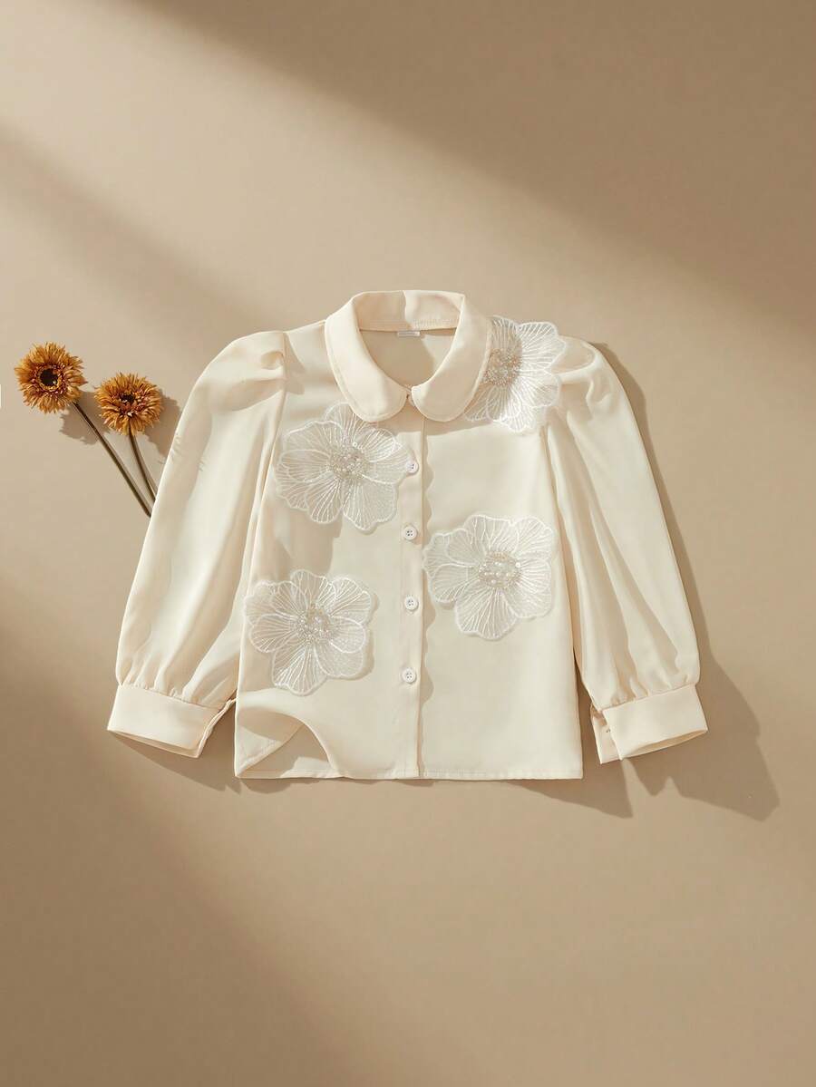 SHEIN 女童碎花袖单排扣休闲衬衫 - 米色 - 查看 1