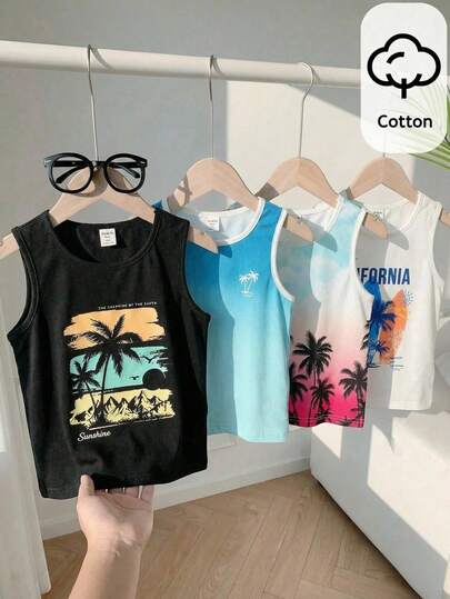 SHEIN 4pcs/Set Young Boys' Casual Comfortable Cartoon Coconut Tree Graphic Tank Top, Suitable For Spring/Summer Outings And Vacations,Toddler Boy Clothes,Toddler