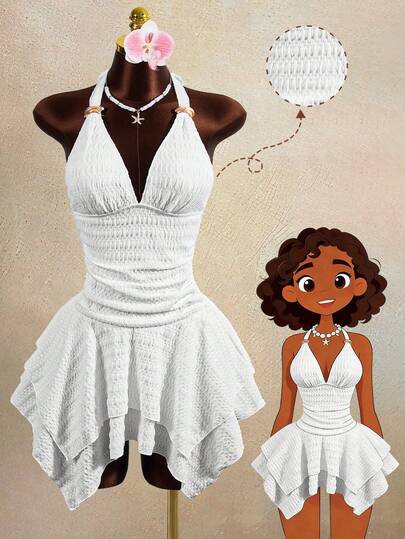 Zestiva Conjunto de traje de baño sexy con parte superior de hombro con textura geométrica de tela con decoración metálica, bajo asimétrico, elegante traje de baño retro de playa, fiesta, vacaciones, traje de baño de dos piezas para mujer, traje de baño de control de abdomen, conjunto de ropa para yate, vestido wow, vestidos Y2K, conjunto de ropa de vacaciones de verano para mujer, vestido de playa, conjunto de ropa de verano para mujer, conjunto de traje de baño de mujer